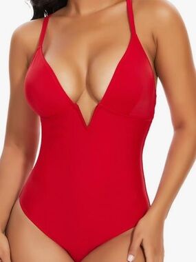 SHAPERIN NWT L Red V-Plunge One-Piece SEXY SLIMMER Swimsuit